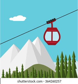 Montañas Gondola de Nieve, Bosque - Vector Ilustración