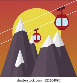Ski Lift Gondola Snow Mountains on the sun  sunset landscape -  Vector Illustration
