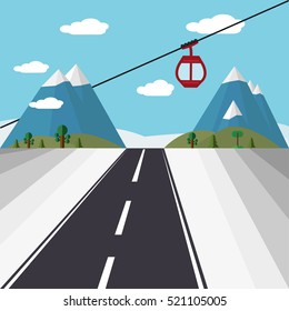 Ski Lift Gondola Snow Mountains, Forest road -  Vector Illustration