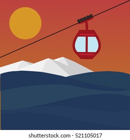 Ski Lift Gondola Snow Mountains sea on the sun  sunset landscape -  Vector Illustration