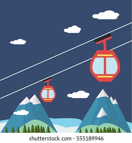 Ski Lift Gondola Snow Mountains, Forest -  Vector Illustration