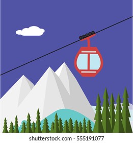 Ski Lift Gondola Snow Mountains, Forest -  Vector Illustration