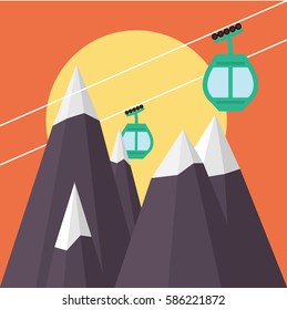 Ski Lift Gondola Snow Mountains on the sun  sunset landscape -  Vector Illustration