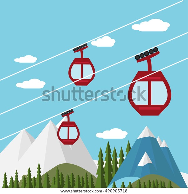 Ski Lift Gondola Snow Mountains, Forest - \
Vector Illustration