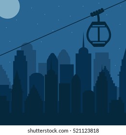 Ski Lift Gondola Snow Night Cityscape Background - Vector Illustration