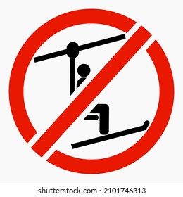 The ski lift icon is not working. The ski lift is closed for skiers. There is no ski slope. Skiers do not ride. Vector icon.