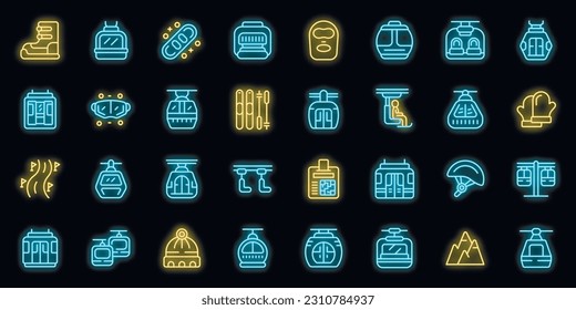 Ski lift icons set outline vector. Resort slope. Winter hill neon color on black