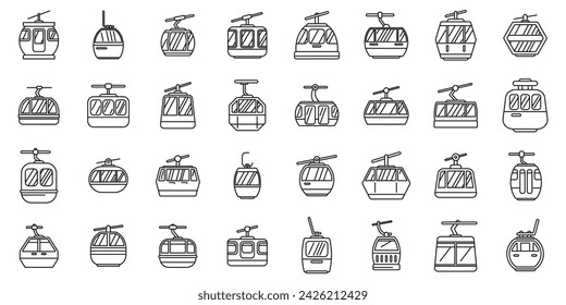 Iconos de remontes de esquí establecen el vector de contorno. Complejo de vertiente invernal. Colina hacia arriba, acción