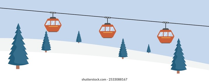 Ski lift illustration. Cable car in the winter season. Winter hill with cable car. Winter landscape. Ropeway illustration. Gondola lift. Cable car system. Mountain transportation. 