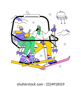 Ski lift isolated cartoon vector illustrations. Smiling people ride the funicular during winter holidays, have fun together on the ski lift, snowy weather, get extreme vector cartoon.