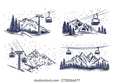 Ski lift in mountain, on white, sketch, hand drawn illustrations	
