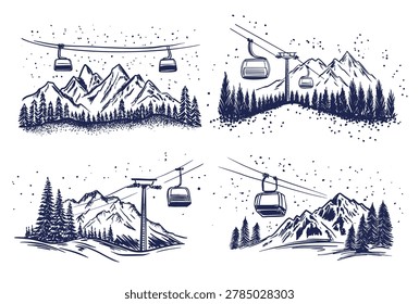 Ski lift in mountain, on white, sketch, hand drawn illustrations