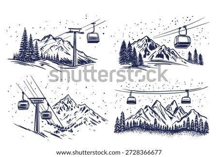 Ski lift in mountain, on white, sketch, hand drawn illustrations	