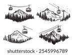 Ski lift in the mountains, hand drawn black on white.