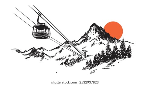 Ski lift in the mountains, hand drawn.