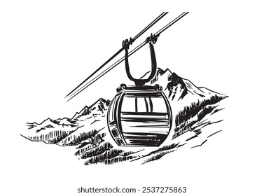 Ski lift in the mountains, hand drawn.	