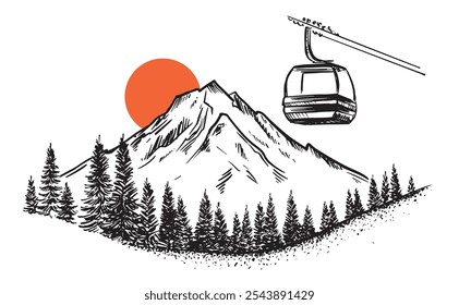 Ski lift in the mountains, hand drawn.	