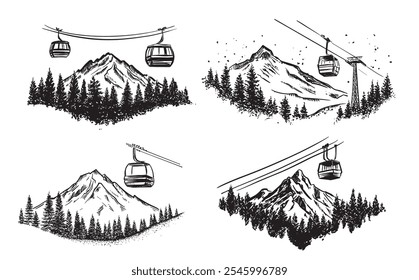 Ski lift in the mountains, hand drawn black on white.