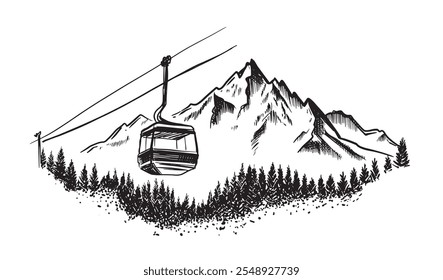 Ski lift in the mountains on white, hand drawn.