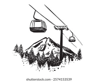 Ski lift in the mountains on white, hand drawn.