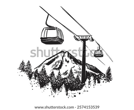 Ski lift in the mountains on white, hand drawn.