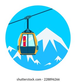 Ski lift on a background of the high mountains, in the upward movement. Vector illustration.