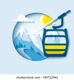 Ski  lift paper cut banner. Winter mountain paper landscape background with ski cableway cabine. Vector poster for skiing resort 