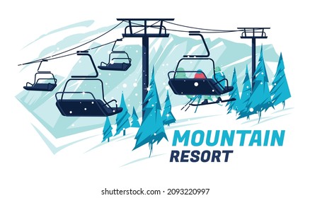 Ski lift with people on the background of the winter mountain landscape. Extreme winter sports. Lifestyle. Flat vector illustration.
