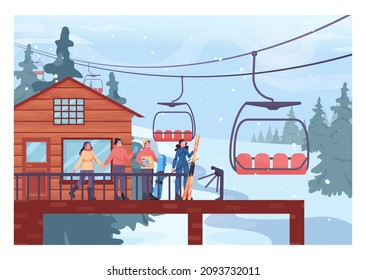 Ski lift platform. Chairlift lifting up people to a slope top. Winter ski resort landscape with ski and snowboarding paths. Snowy hills and forest scenery. Flat vector illustration