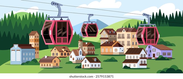 Ski lift with suspended cabin on countryside landscape. Cableway, funicular above town, village. Cable way, aerial ropeway with gondolas. Rope railway in mountain resort. Flat vector illustration