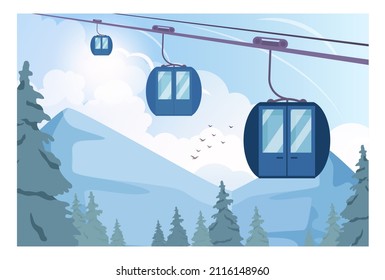 Ski lift transportation. Aerial lift lifting up people to a mountain top. Winter ski resort landscape with ski and snowboarding paths. Snowy hills and forest scenery. Flat vector illustration