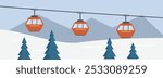 Ski lift transportation. Cable car in the winter. Winter hill with cable car. Winter landscape. Ropeway illustration. Gondola lift. Cable car system. Mountain transportation. Ski lift illustration. 