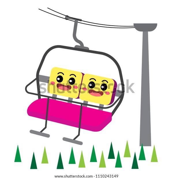 Ski Lift\
transportation cartoon character perspective view isolated on white\
background vector\
illustration.
