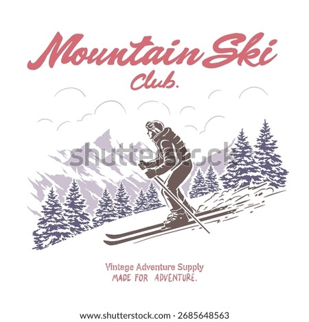 Ski logo vector retro illustration skier adventure on mountain snow nature national park. Vintage outdoor apparel design