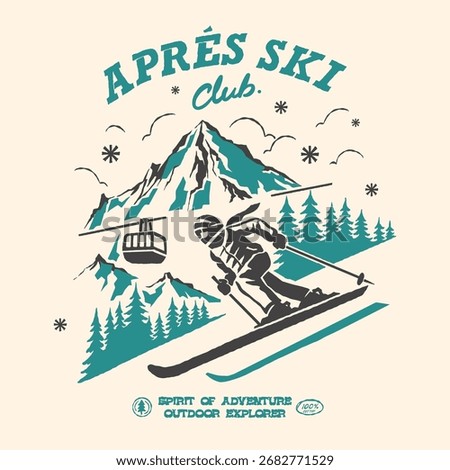 Ski logo vector vintage illustration skier adventure on mountain snow pine tree nature national park. Vintage outdoor apparel design
