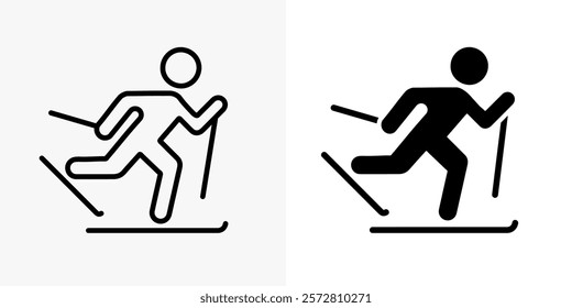 Ski man icon. Skier stick figure silhouette vector illustration. Skiing competition sign. Winter activity symbol. Mountain downhill sliding person with ski and sticks pictogram. Sport activity concept