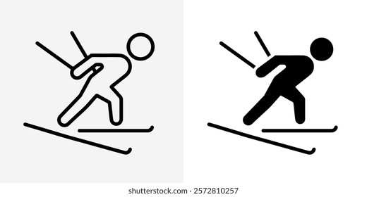 Ski man jump icon. Jumping skier athlete stick figure silhouette vector illustration. Skiing sports competition symbol. Fast speed ski person sliding downhill sign. Ski man posture or pose pictogram.