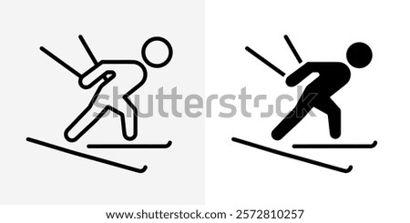 Ski man jump icon. Jumping skier athlete stick figure silhouette vector illustration. Skiing sports competition symbol. Fast speed ski person sliding downhill sign. Ski man posture or pose pictogram.