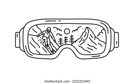 Ski man on glacier matterhorn Zermatt Switzerland in glasses ski shape mono line design vector