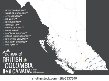 Ski map of British Columbia, Canada. BC Map with icons for winter resorts, skiing and cross-country skiing. Winter tourist ski guide or information. Concept for "Where can I ski in BC". Dark theme.