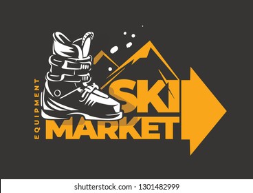 Ski market emblem. Freeride boots. Skiing equipment and accessories