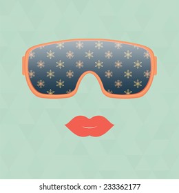 Ski mask. Snowflakes are reflected in the ski mask. Vector illustration. Print for your T-shirts. Great idea for design. Woman's face