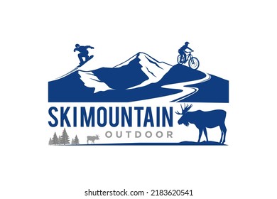 Diseño del logo de la montaña de esquí silueta de alce de alce de alce naturaleza naturaleza fauna silvestre al aire libre