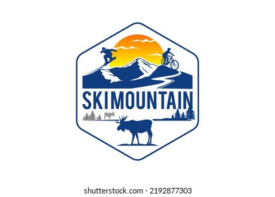 Ski mountain logo design downhill moose deer silhouette nature outdoor wildlife alpine summit illustration icon symbol