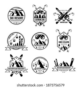 Ski and Mountain Resort Black Label Badge Sign Set Símbolo de concepto de deporte y ocio. Ilustración vectorial de Sticker