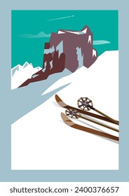 Ski mountain, vintage illustration. Winter sports.