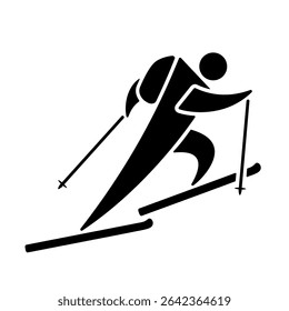 Ski mountaineering or skimo or ski climber icon, black silhouette isolated on white. Skier athlete with backpack climbing uphill, minimalist stencil sign. Vector clipart for winter sport design.