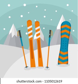 Ski mountains background. Flat illustration of ski mountains vector background for web design