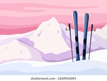 Ski and mountains on the background of sunset.