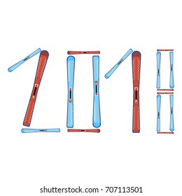 Ski new year 2018 on white background. Vector illustration.